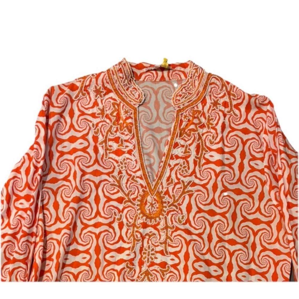 Barbara Gerwitt Embroidered Tunic XL Orange White Sheer Resort‎ Beach Cover Up